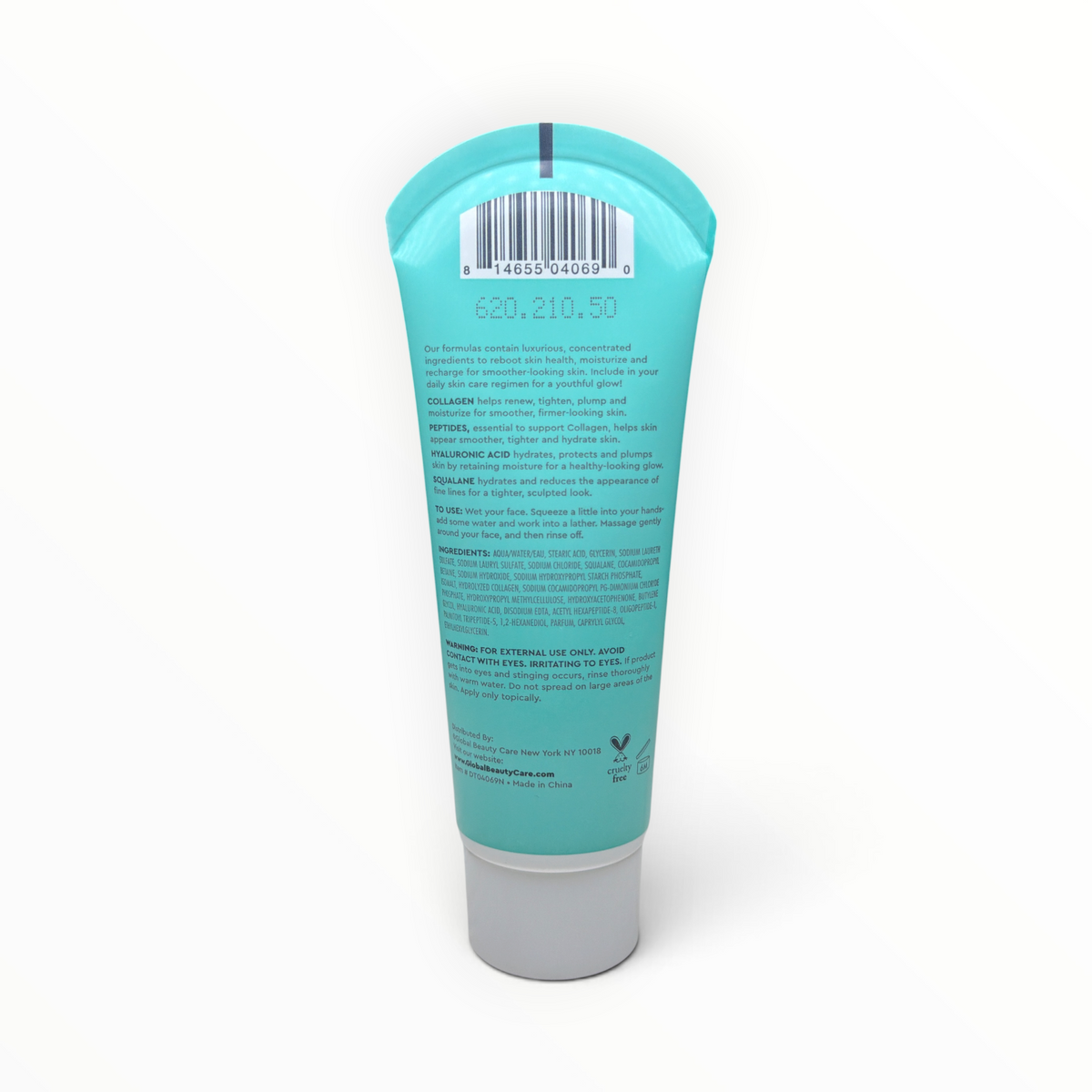 Back label of Global Beauty Care Smooth & Lift Collagen Facial Cleanser with ingredients, directions, warning, and Made in China statement
