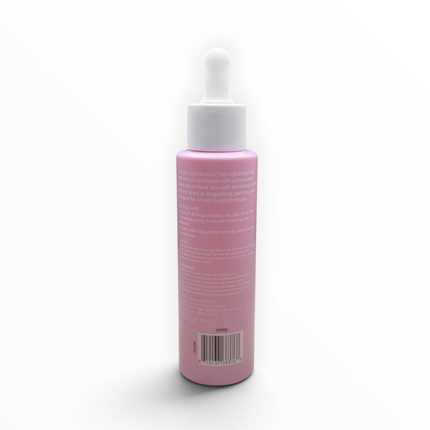 Back label of spa·scentials Tropical Petals Body Perfume Oil with directions, ingredients, and UPC