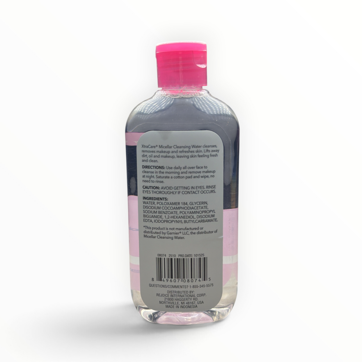 Back label of XtraCare Micellar Cleansing Water with directions, ingredients, caution, UPC 849607080745, and Made in Indonesia