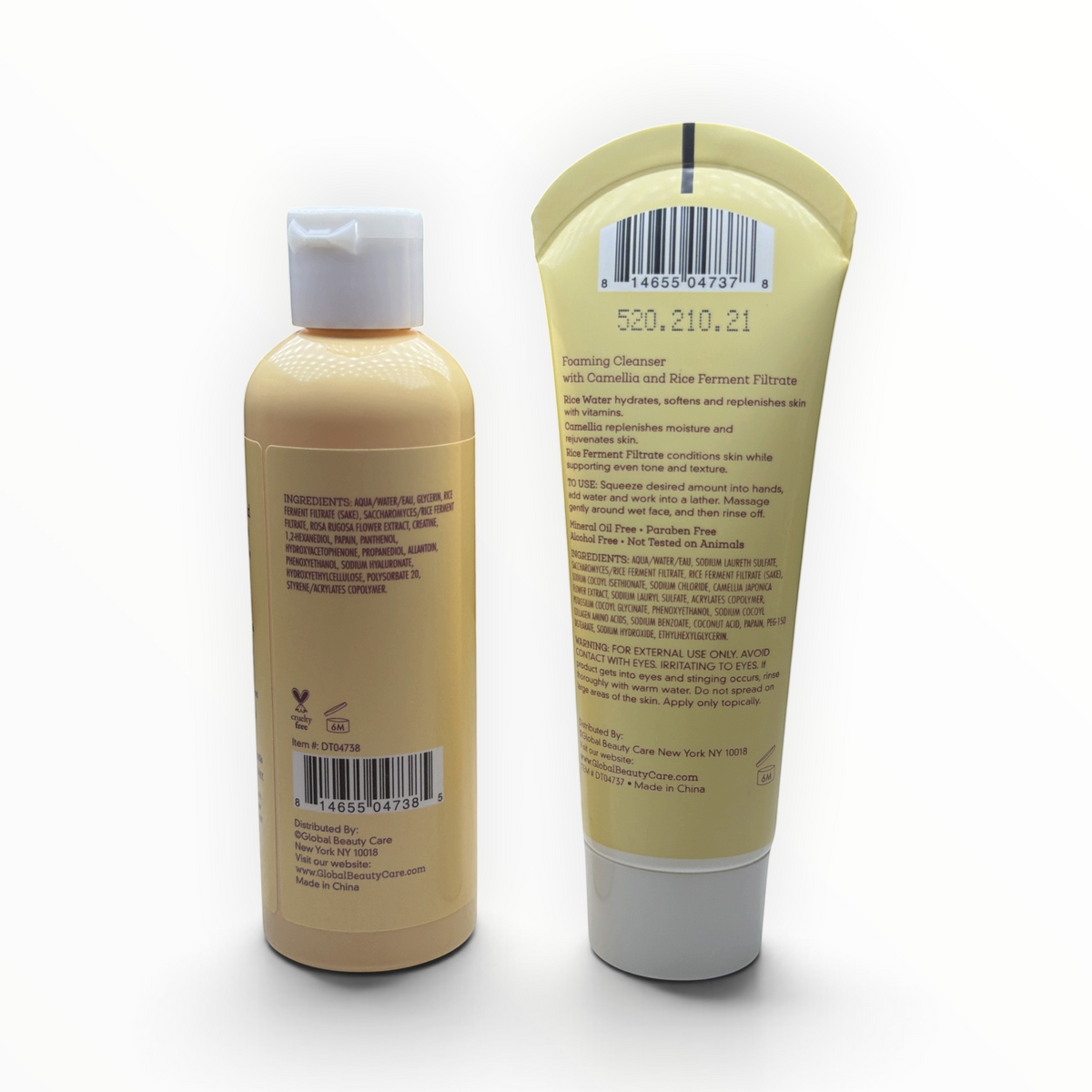 Back labels of Global Beauty Care Rice Water Cleanser and Milky Toner with ingredients and UPC codes
