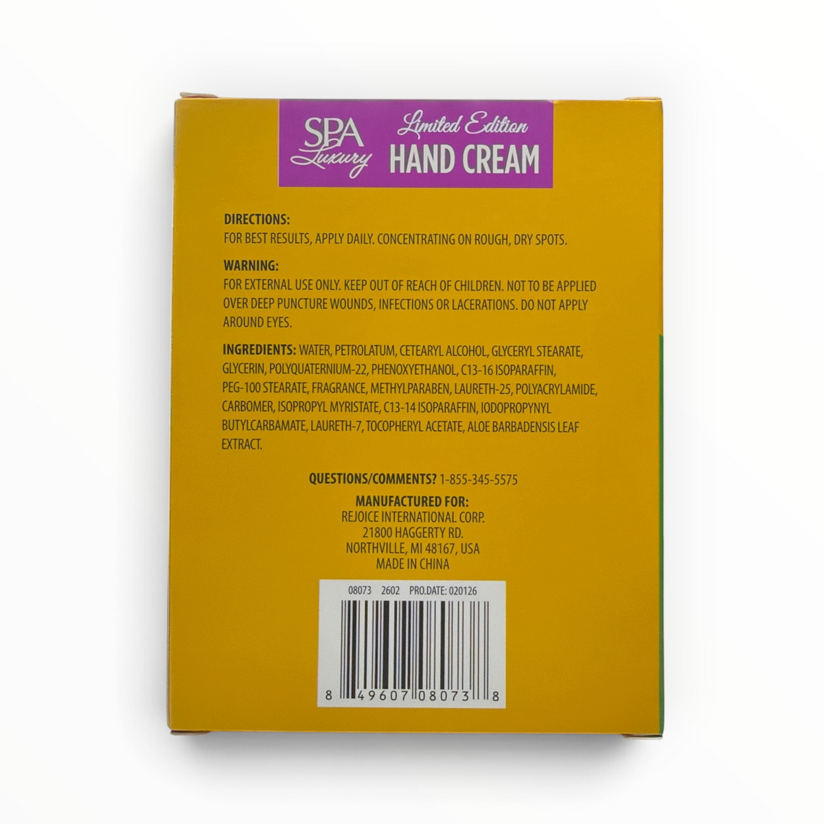 Back label of SPA Luxury Hand Cream Duo with ingredients, directions, warnings, UPC and origin