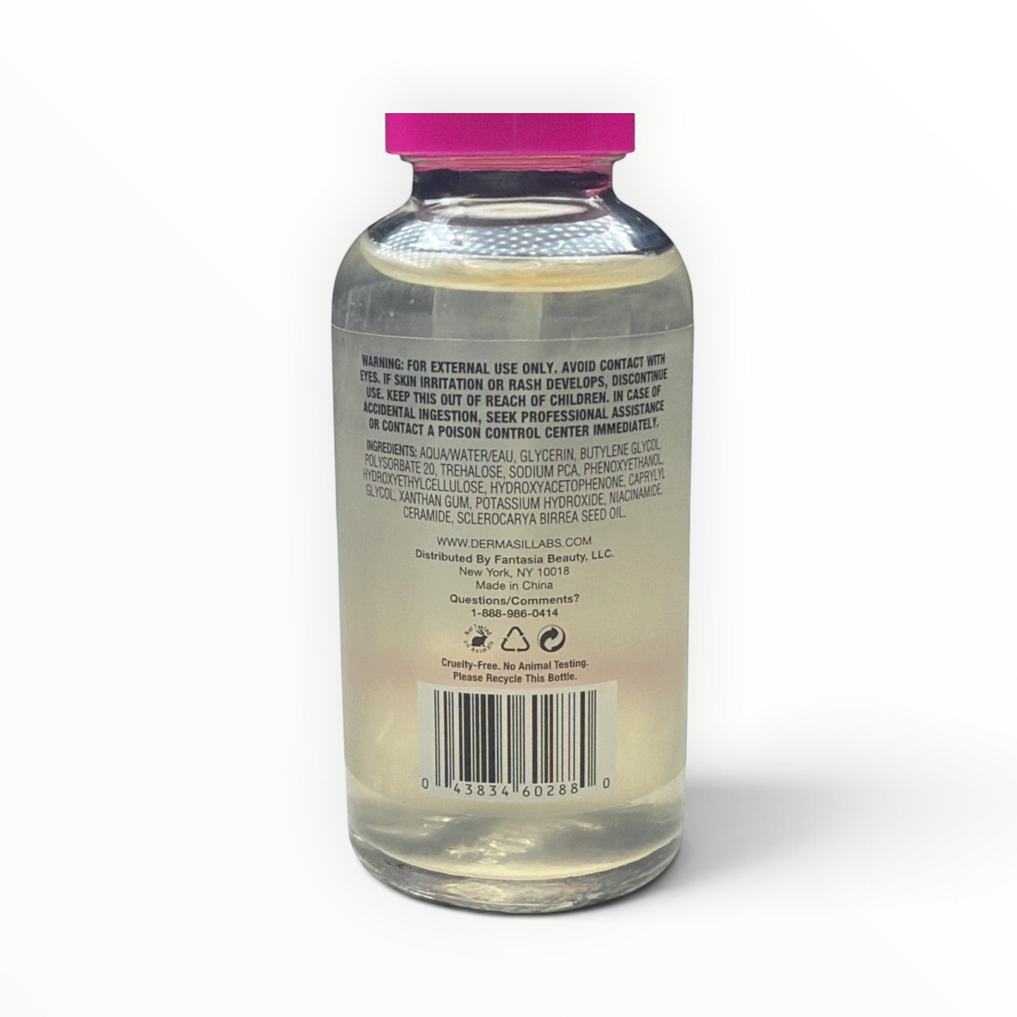 Etiqueta trasera del suero facial MTP Commerce Dermasil con lista de ingredientes, advertencias y código de barras.