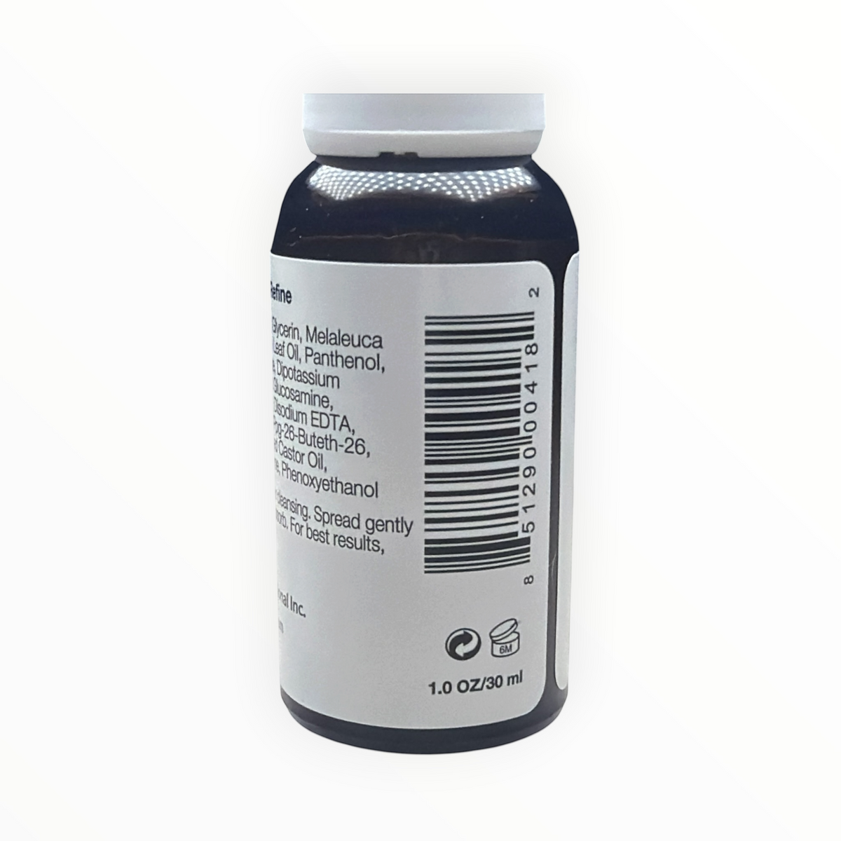 Etiqueta trasera del serum MTP Commerce Tea Tree Power con lista de ingredientes y código de barras de 30 ml