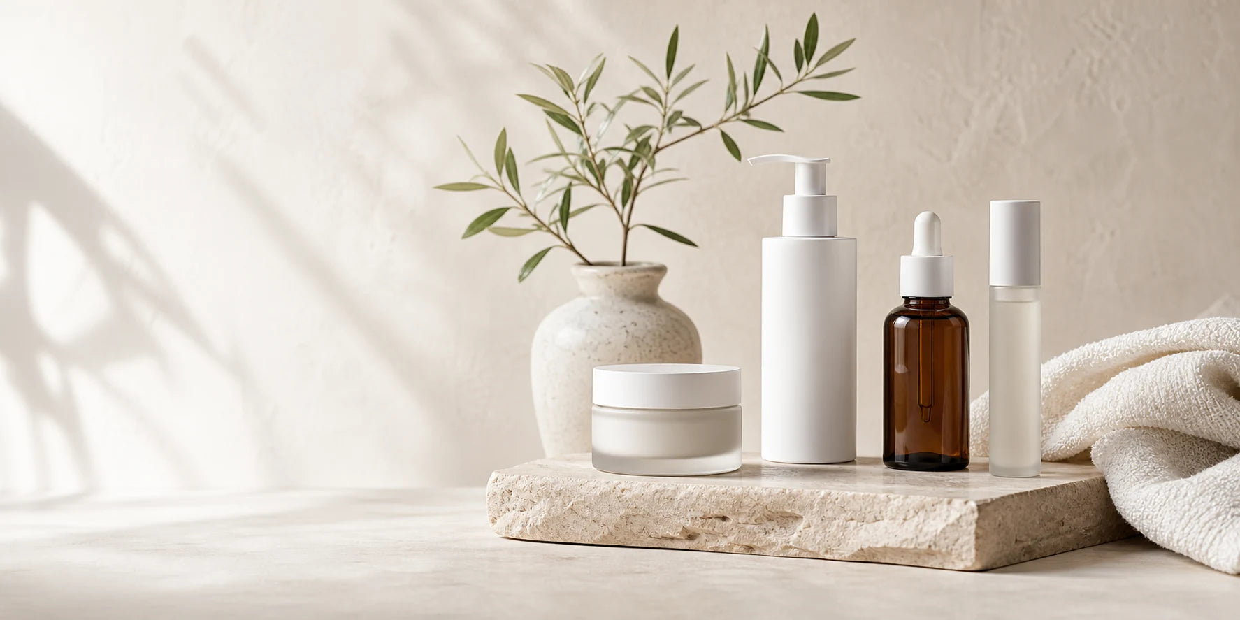 Minimal beauty and skincare products arranged in a bright neutral setting