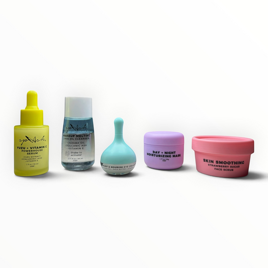 LASplash Cosmetics 5-piece skincare set with serum, oil cleanser, eye cream, moisturizing mask, and face scrub