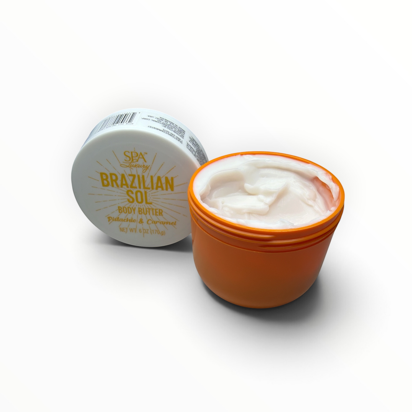 SPA Luxury Brazilian Sol Body Butter with pistachio and caramel scent, 6 oz jar