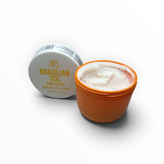 SPA Luxury Brazilian Sol Body Butter with pistachio and caramel scent, 6 oz jar