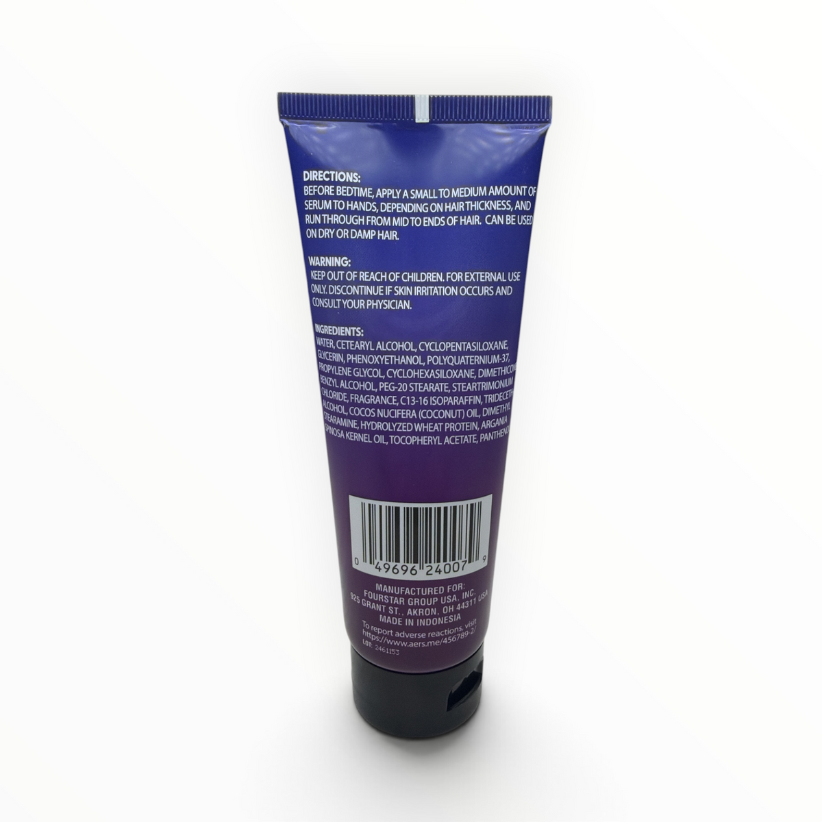 Back label of b.pure Night Time Hair Serum showing directions, ingredients, UPC, and Made in Indonesia