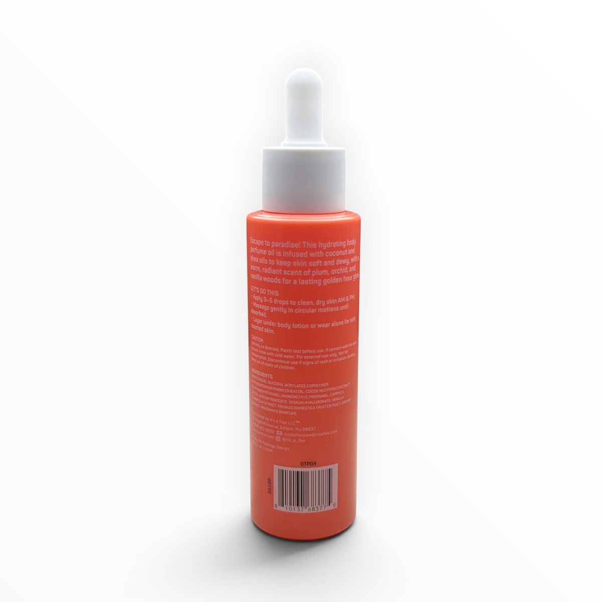 Back label of spa·scentials Bright Paradise Body Perfume Oil with directions, ingredients, and UPC