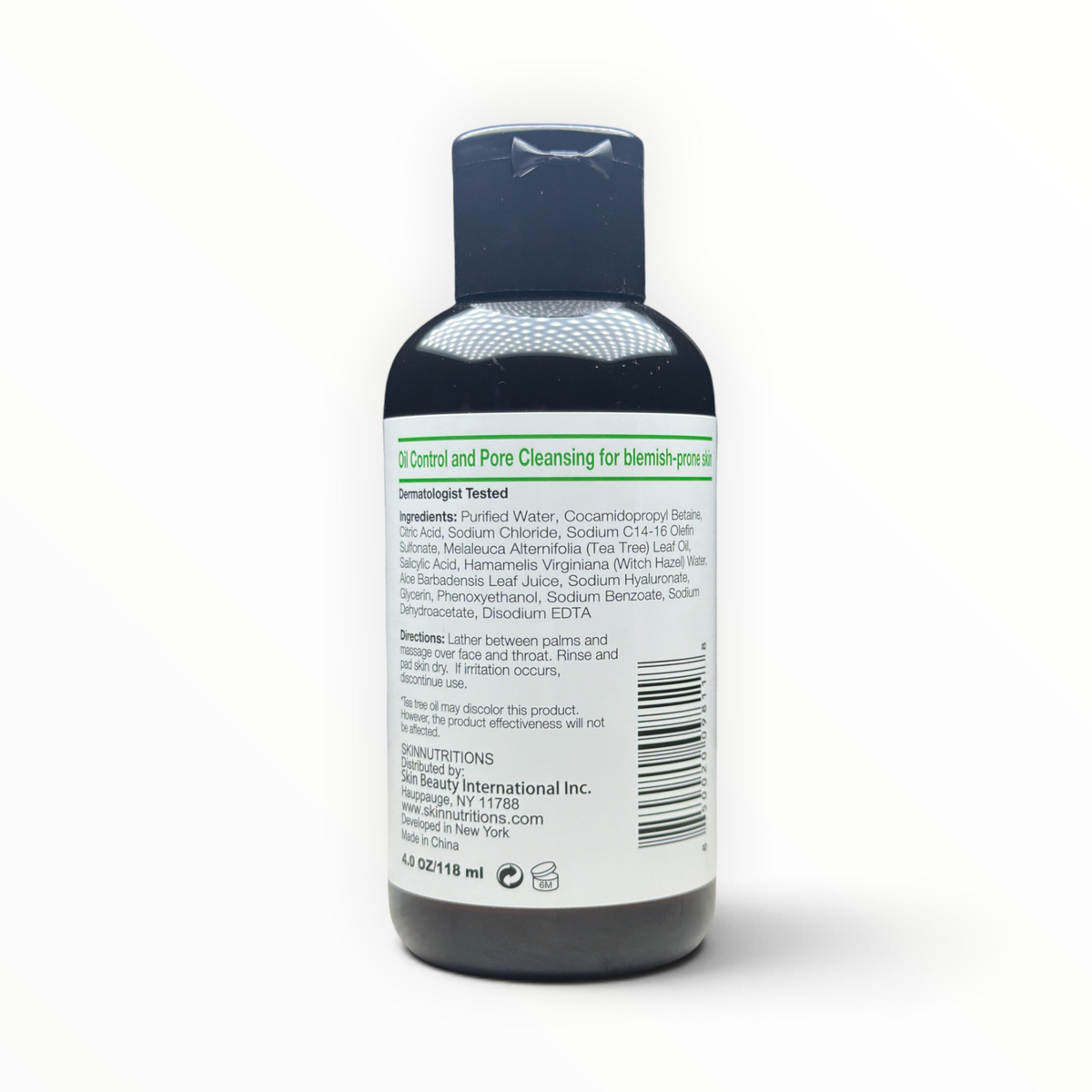 Back label of Skin Nutrition Botanicals Balancing Face Wash with ingredients, directions, UPC, and Made in China