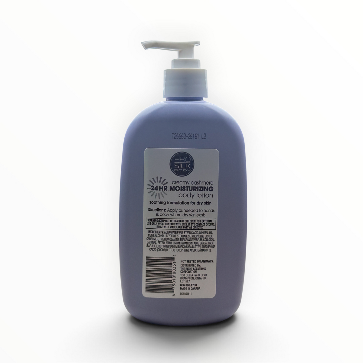 Back label of PRO SILK BODY Creamy Cashmere Body Lotion with ingredients, directions, warnings, UPC, and Made in Canada statement