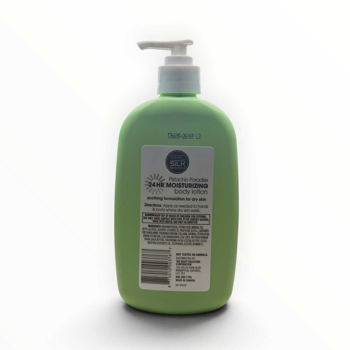 Back label of PRO SILK BODY Pistachio Paradise Body Lotion with ingredients, directions, UPC, and Made in Canada statement