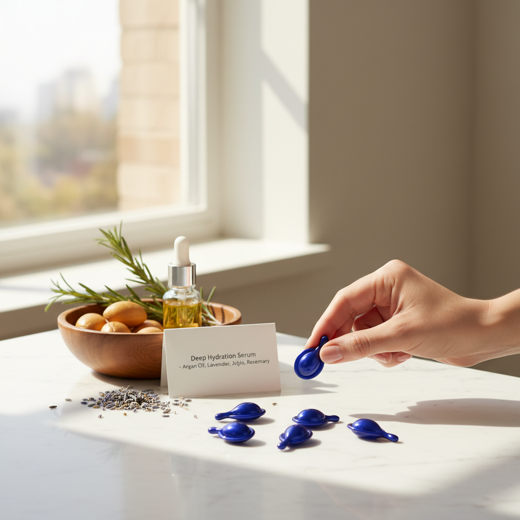 Lifestyle image of a hand holding a blue serum capsule beside a dropper bottle