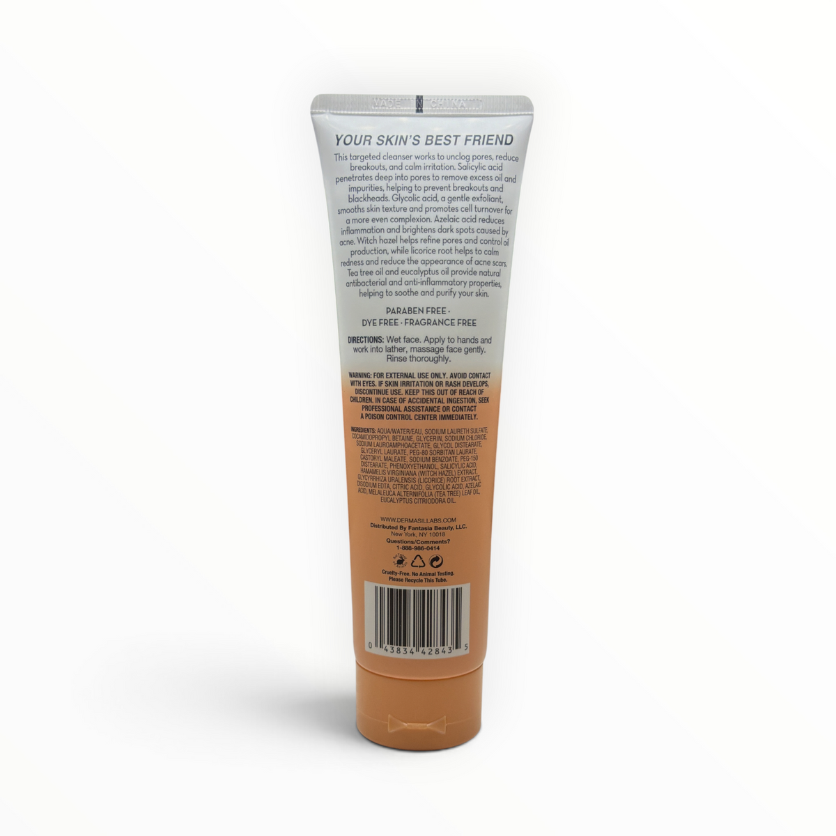 Back label of Dermasil Labs Facial Cleanser with directions, ingredients, warnings, UPC 043834428435, and Made in China