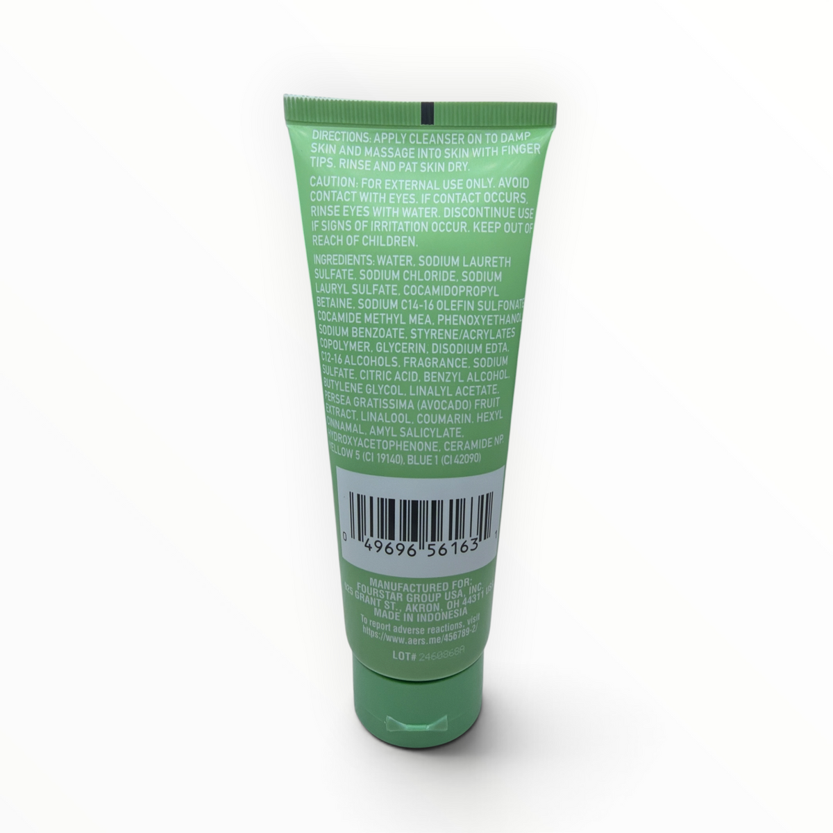 Back label of b.pure Glow Up Renewing Facial Cleanser showing ingredients, directions, warnings, UPC, and country of origin