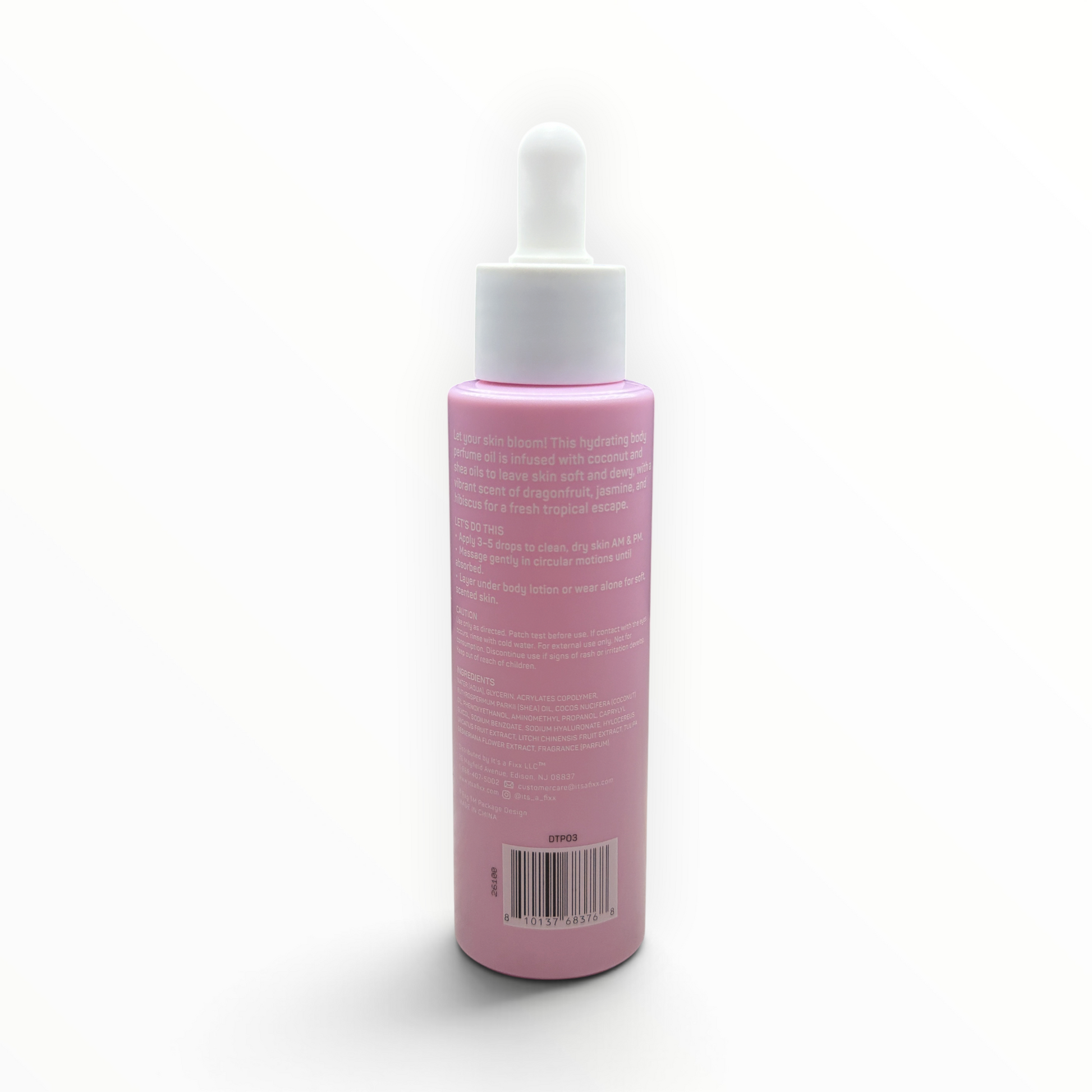 Back label of spa·scentials Tropical Petals Body Perfume Oil with directions, ingredients, and UPC