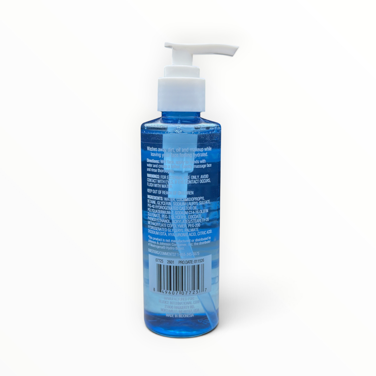 Back label of XtraCare Hydro Plus Hydrating Cleansing Gel with directions, ingredients, and UPC