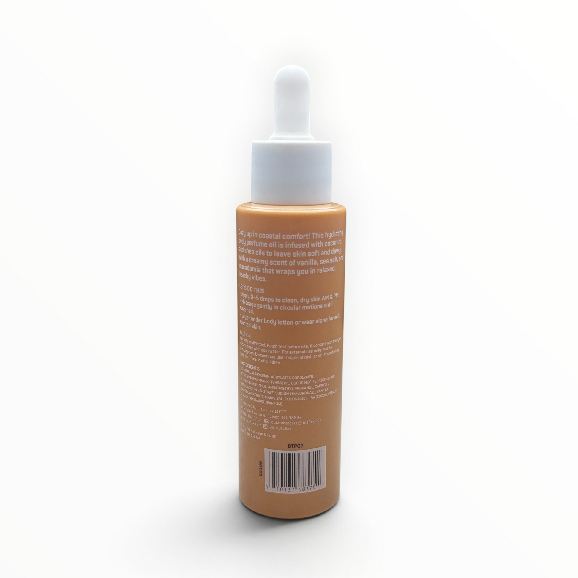 Back label of spa·scentials Coastal Cream Body Perfume Oil with directions, ingredients, and UPC