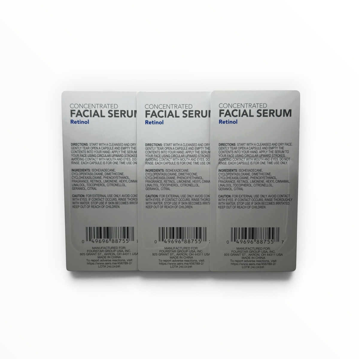 Back labels of b.pure Retinol Facial Serum Capsules with directions, ingredients, warnings and UPC