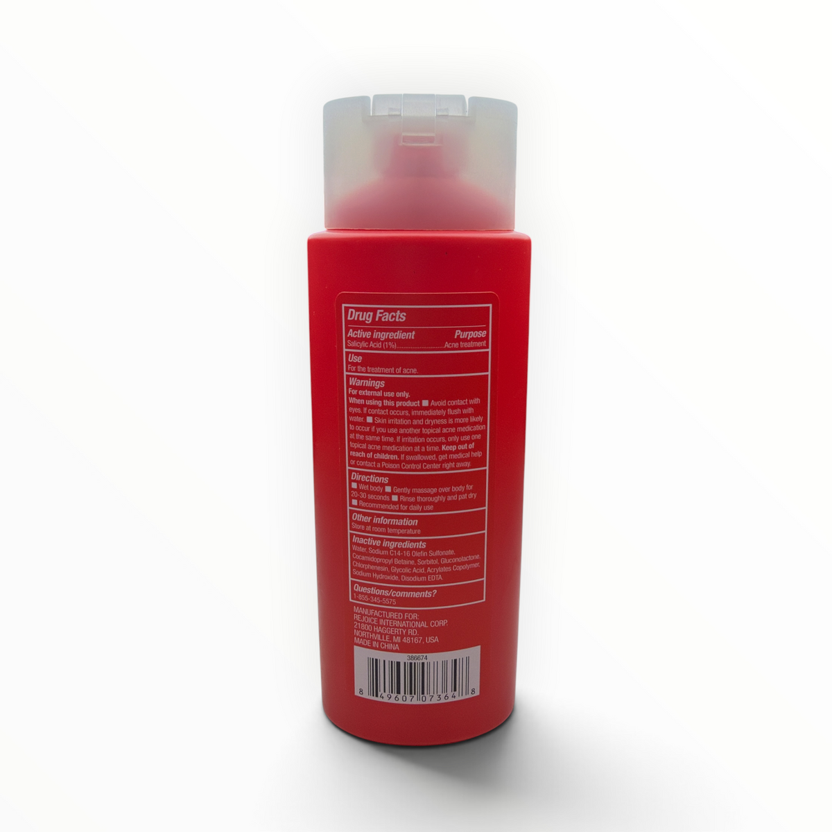 Back label of XtraCare Persistent Body Acne Wash showing Drug Facts, directions, warnings, and UPC 849607073648