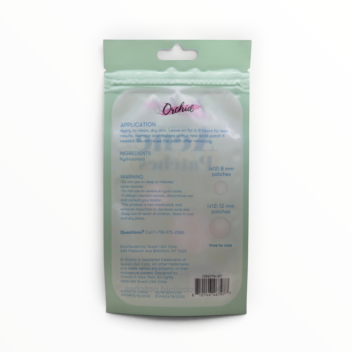 Back label of Orchie Hydrocolloid Acne Patches with directions, warnings, UPC and origin