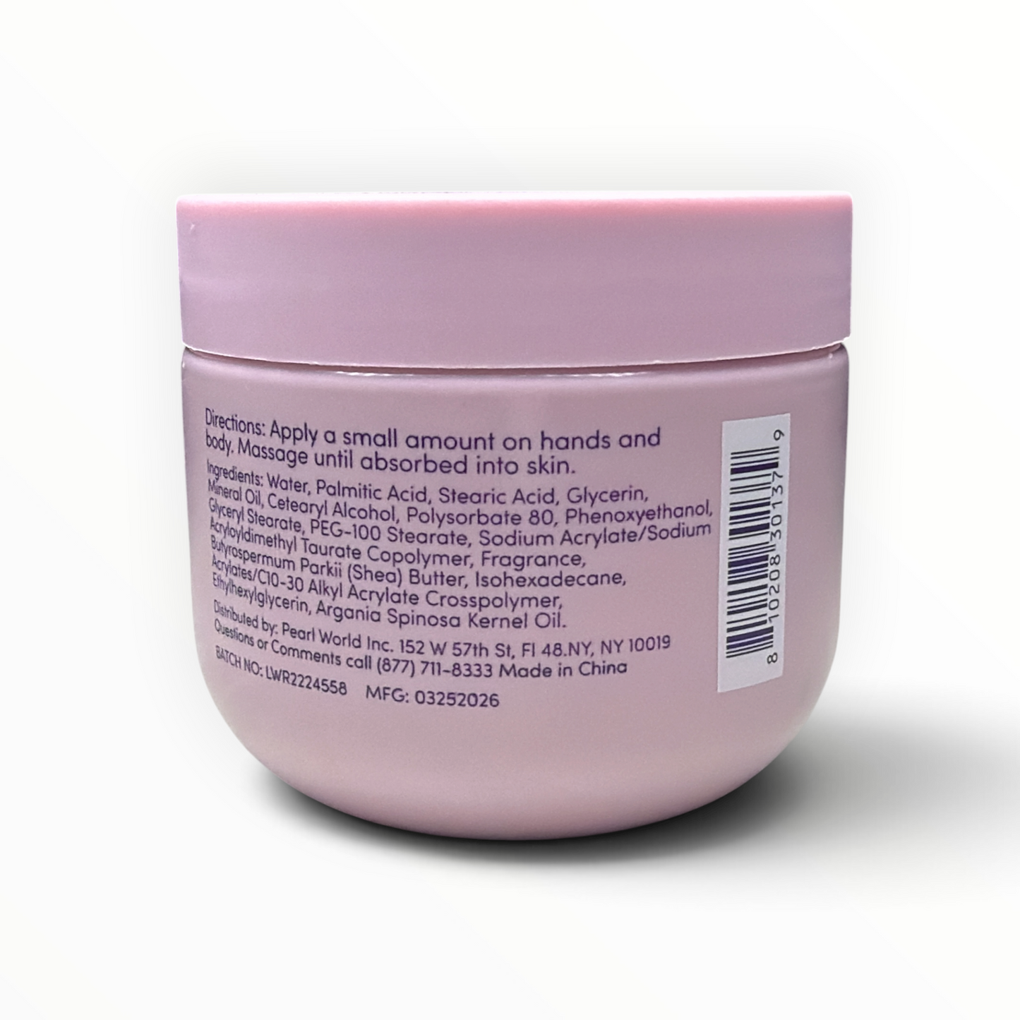 Back label of Cashmere Warm Caramel Body Butter with directions, ingredients, UPC, distributor, and Made in China statement