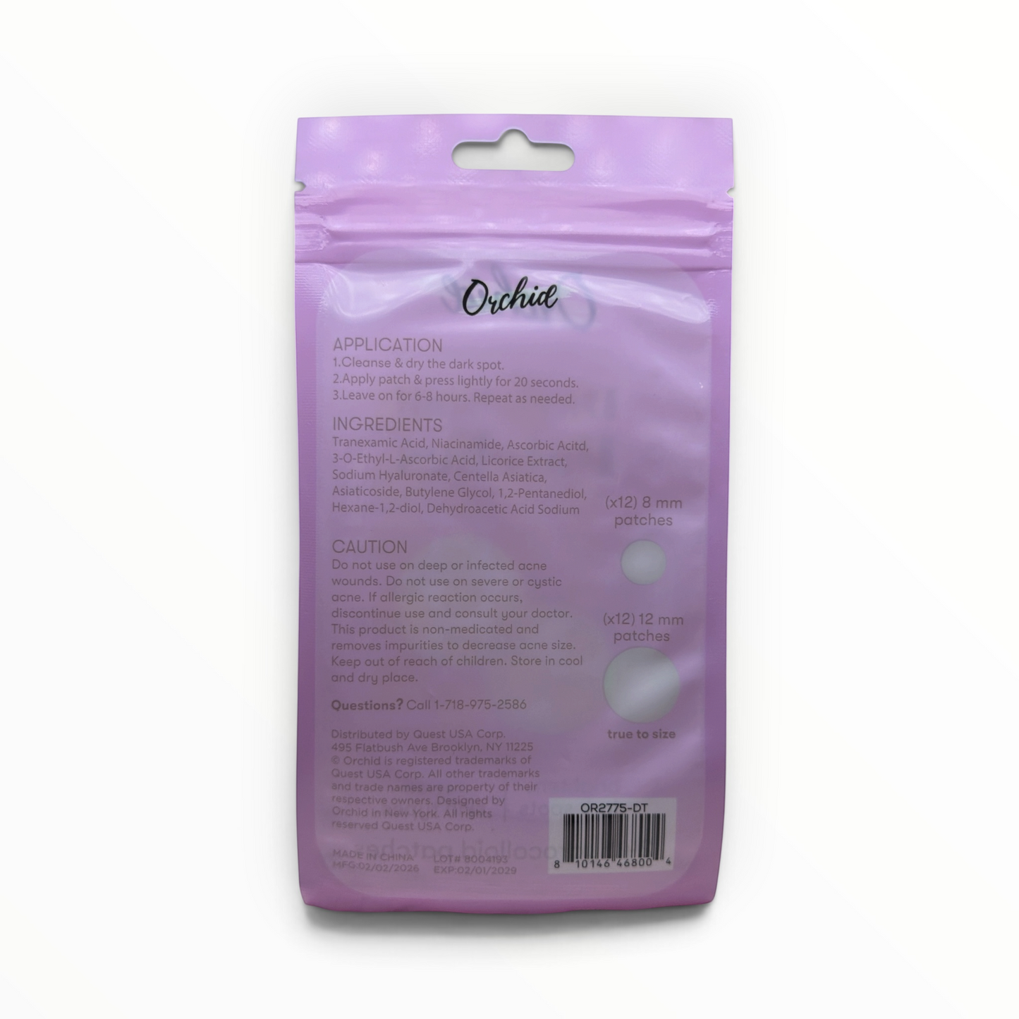 Back label of Orchie Dark Spot Hydrocolloid Patches with directions, ingredients, warnings and origin