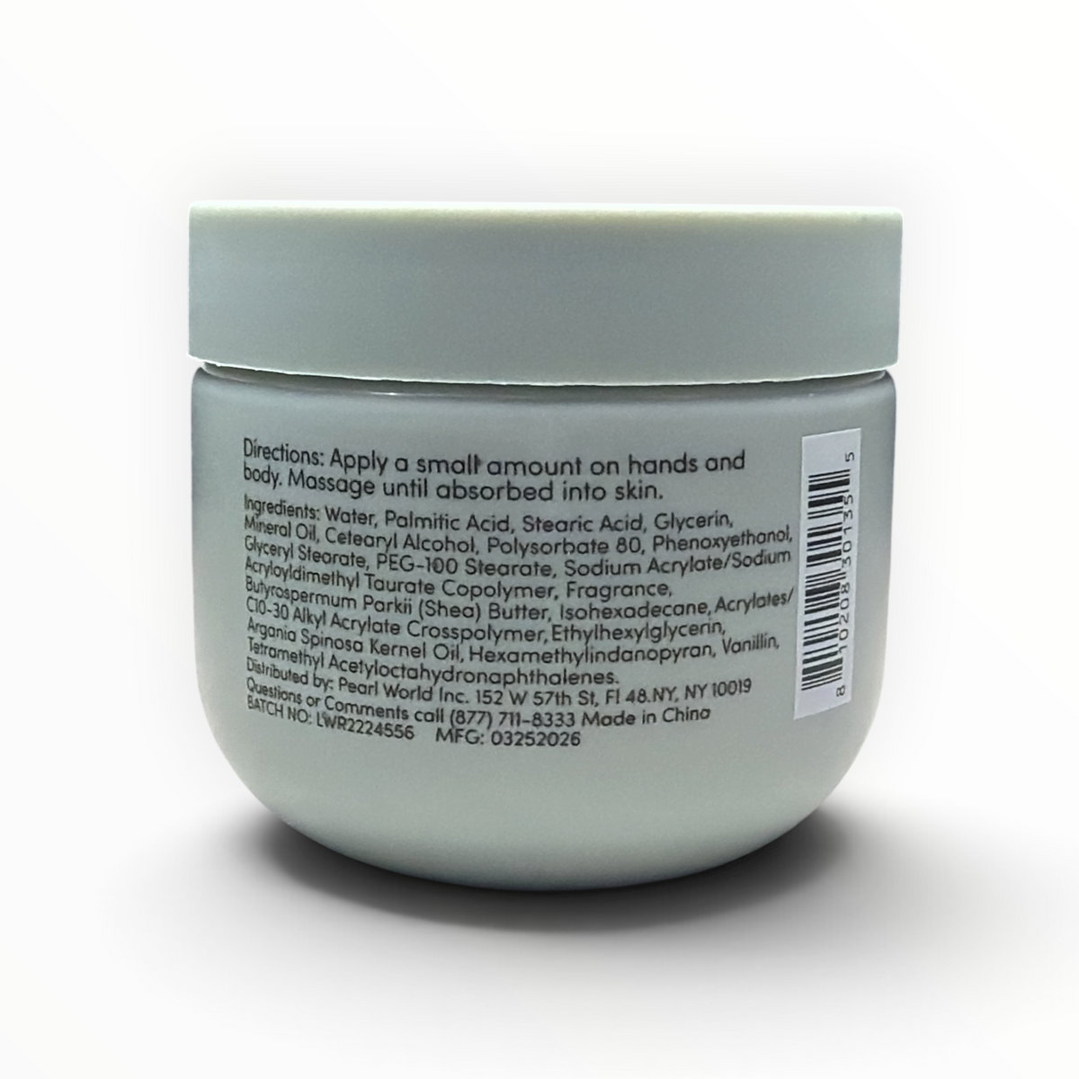 Back label of Cashmere Vanilla Cream Body Butter with directions, ingredients, UPC, distributor, and Made in China statement