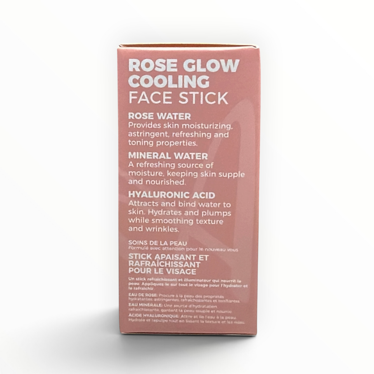 LASplash Rose Glow Cooling Face Stick side panel with rose water, mineral water, and hyaluronic acid benefits