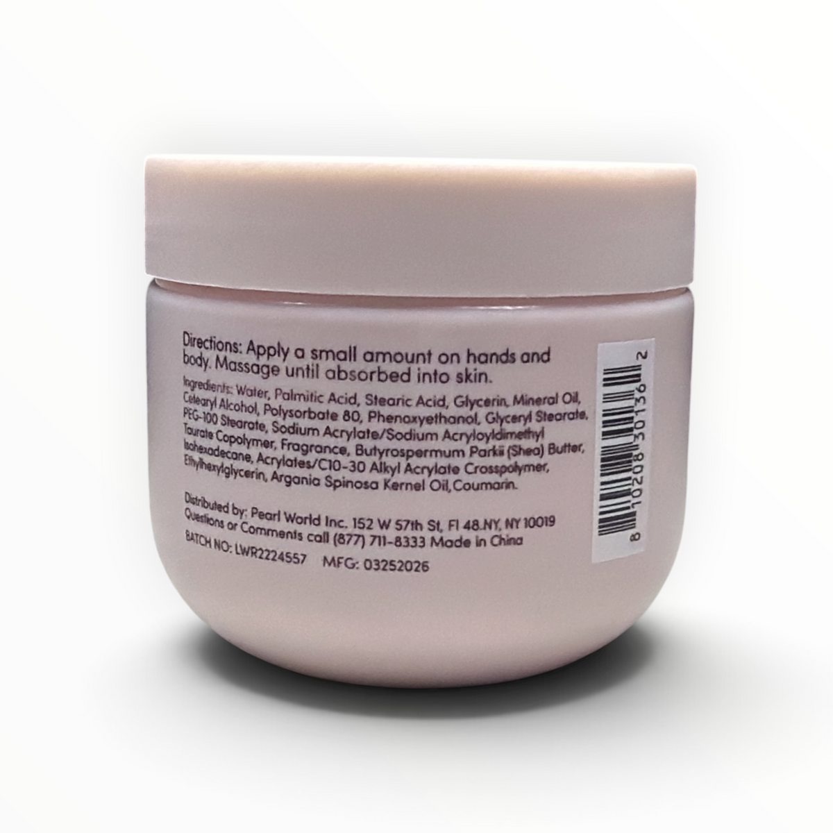 Back label of Cashmere Sweet Coconut Body Butter with directions, ingredients, distributor, and Made in China statement