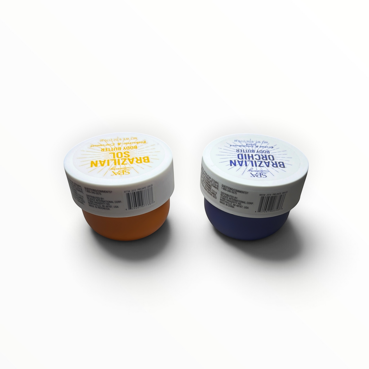 Back labels of SPA Luxury Brazilian Sol and Brazilian Orchid Body Butters with ingredients and UPCs