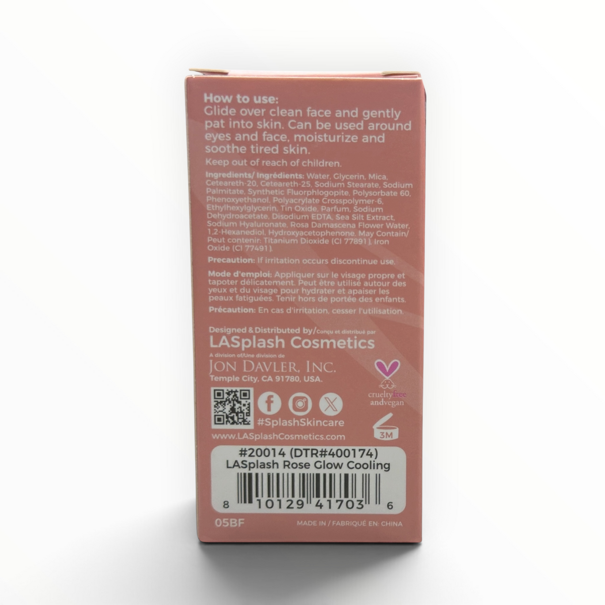 LASplash Rose Glow Cooling Face Stick back panel with directions, ingredients, and UPC 810129417036
