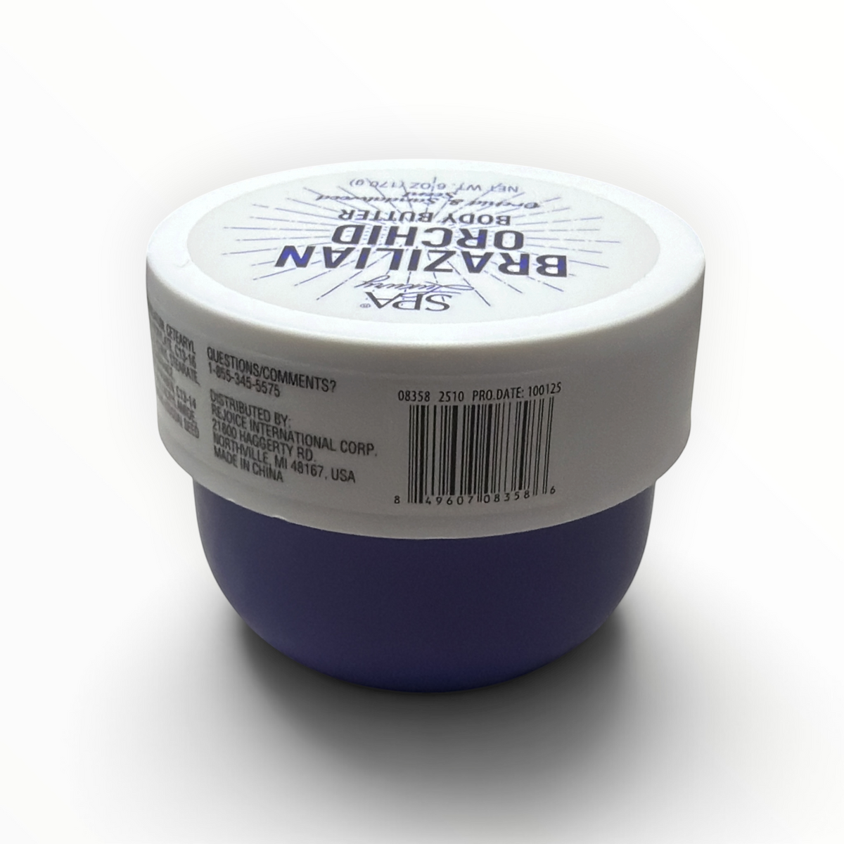 UPC and Made in China label on SPA Luxury Brazilian Orchid Body Butter
