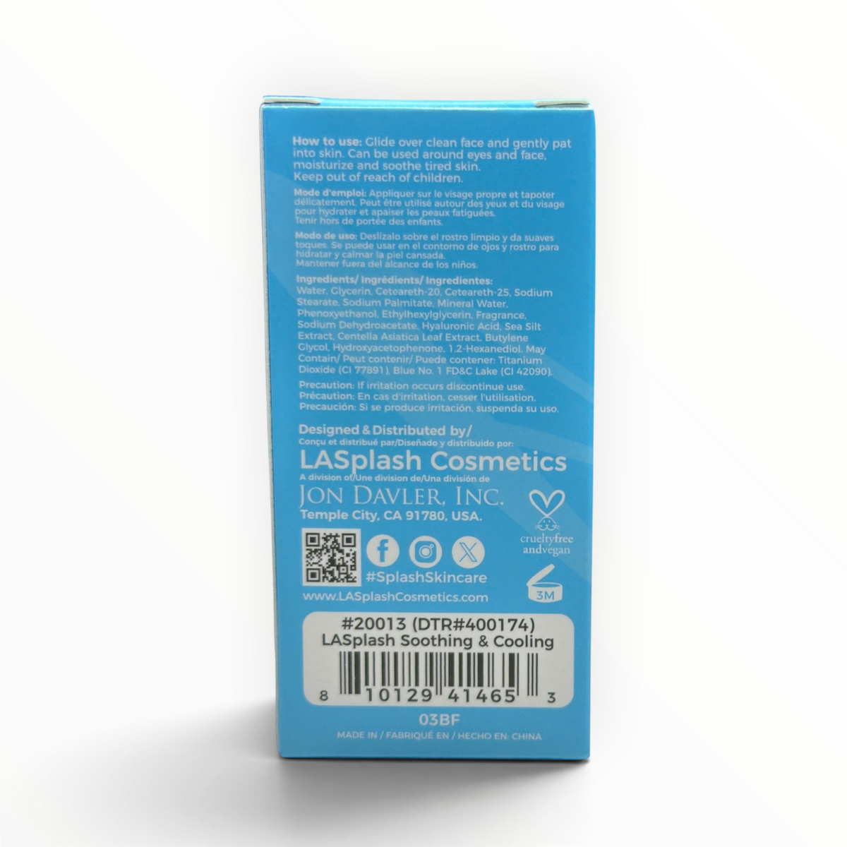 LA Splash Centella Face Stick back panel with UPC 810129414653