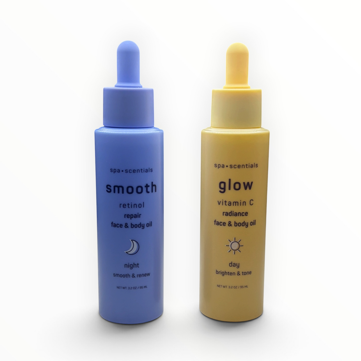 Set de aceites faciales y corporales MTP Commerce con frascos morado de retinol y amarillo de vitamina C con gotero