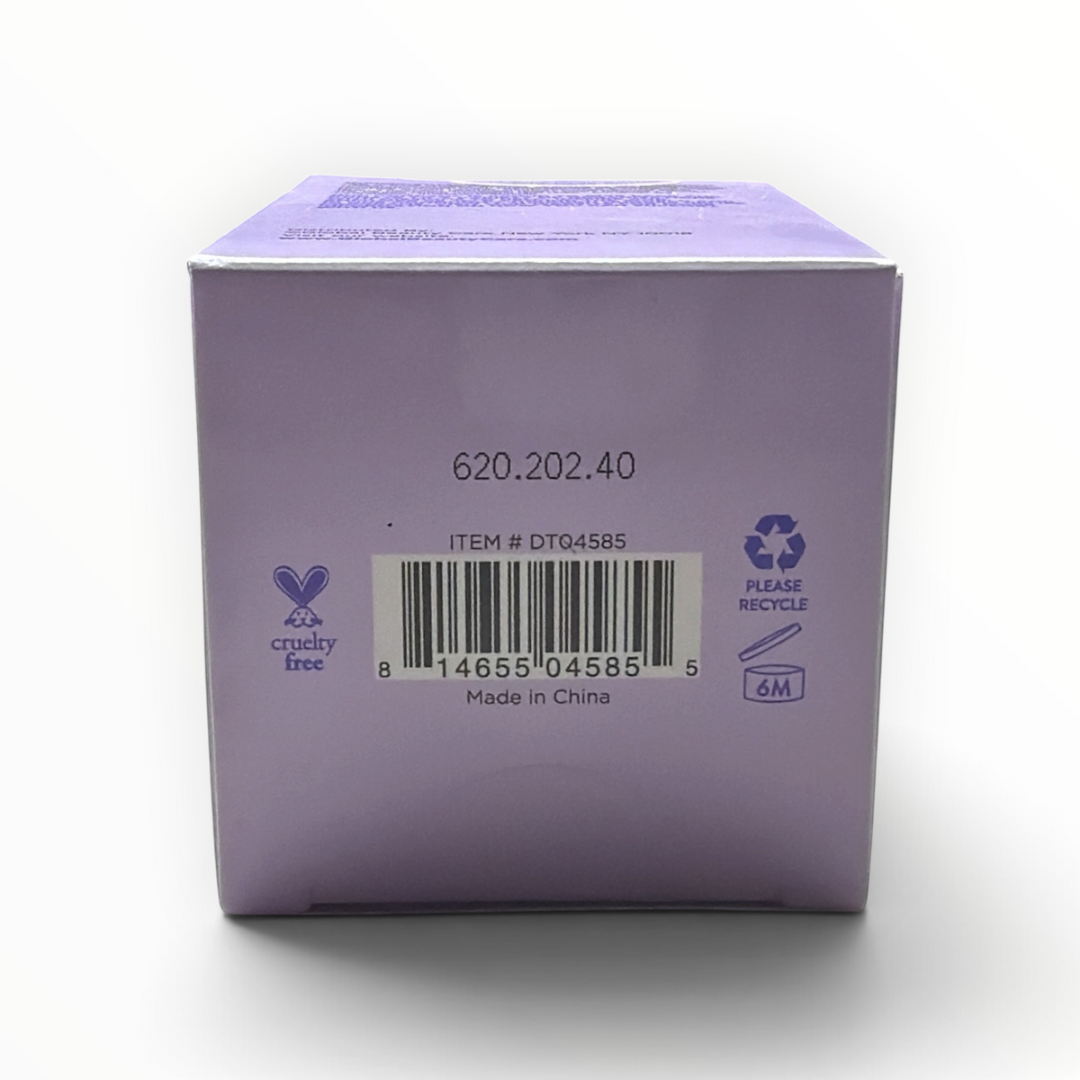 Parte posterior de la caja morada de MTP Commerce GlobalBeautyCare Snail Mucin con código de barras y sello cruelty-free