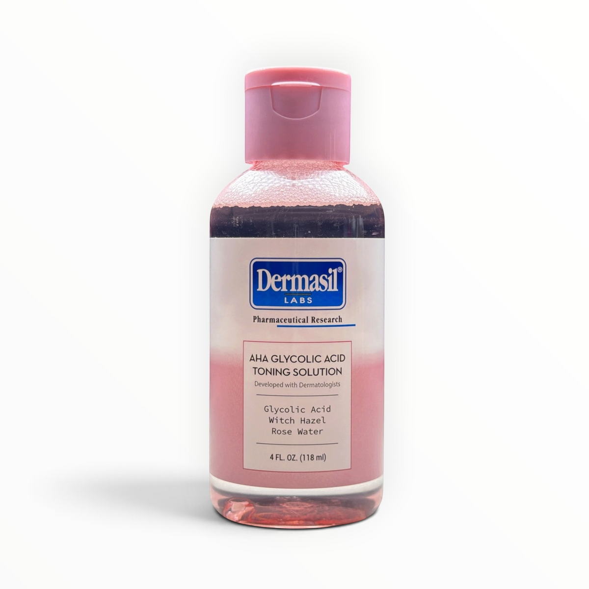 MTP Commerce Dermasil LABS AHA Glycolic Acid Toning Solution in a clear bottle with a pink cap and rose water formula.