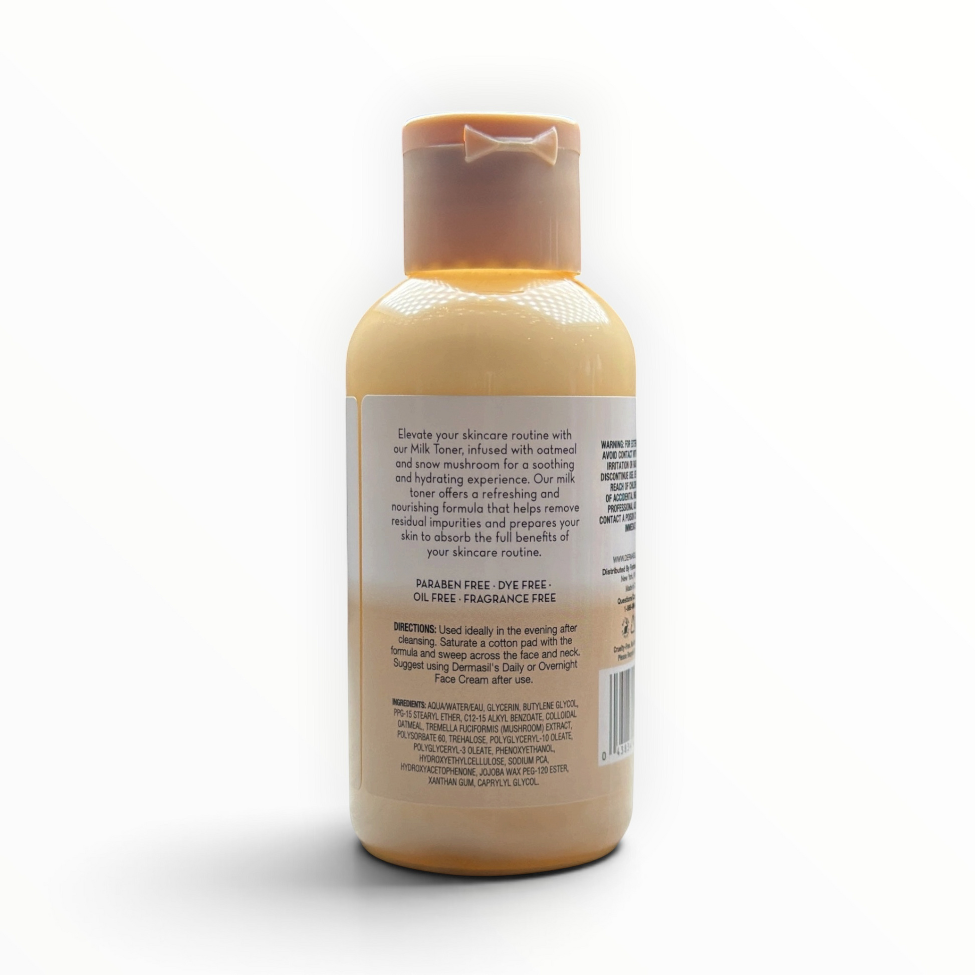 MTP Commerce Dermasil Labs Oatmeal Milk Toner en botella beige con ingredientes y modo de uso en la etiqueta trasera