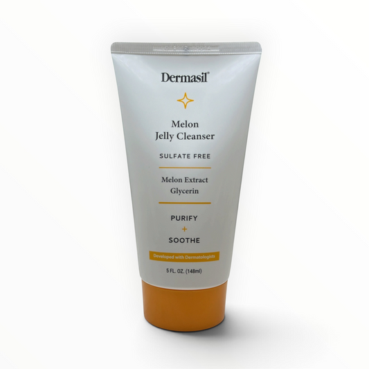 Limpiador facial MTP Commerce Dermasil Melon Jelly en tubo blanco con tapa naranja, fórmula calmante sin sulfatos.