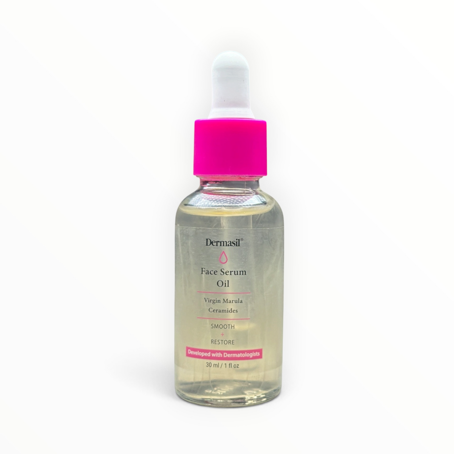 Suero facial Dermasil de MTP Commerce con aceite de marula y ceramidas en frasco de vidrio con tapa rosa