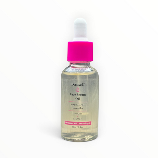 Suero facial Dermasil de MTP Commerce con aceite de marula y ceramidas en frasco de vidrio con tapa rosa