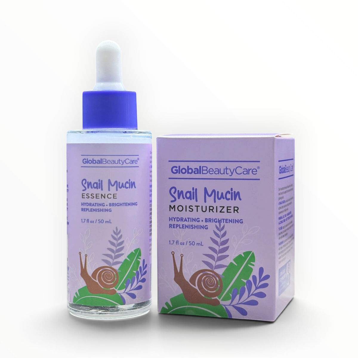 MTP Commerce GlobalBeautyCare Snail Mucin hidratante facial en frasco con gotero y caja morada con diseño de caracol
