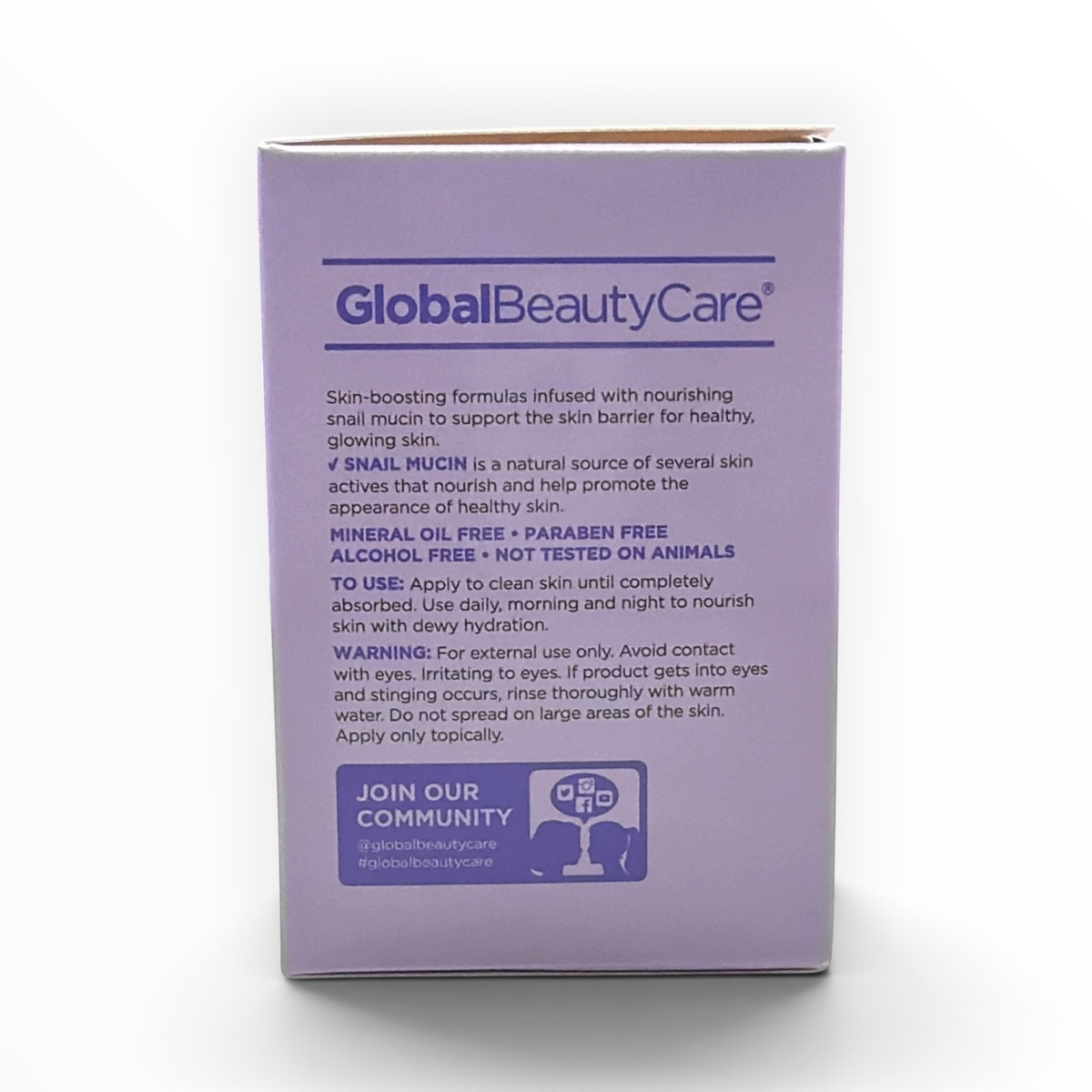 Parte posterior de la caja del hidratante MTP Commerce GlobalBeautyCare Snail Mucin con información del producto