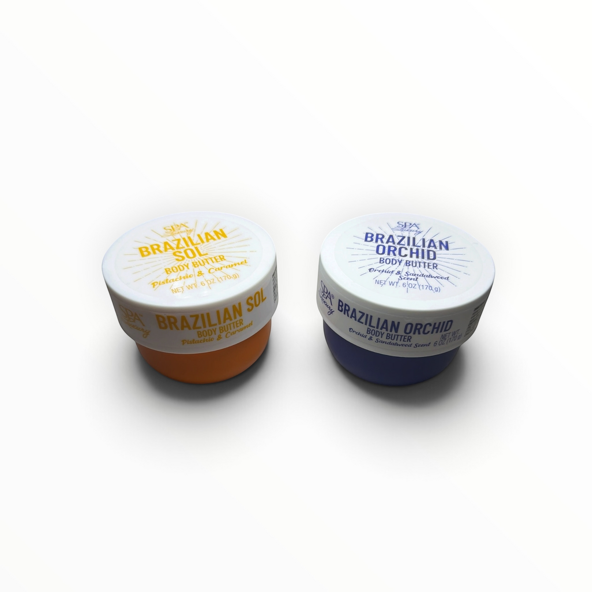 SPA Luxury Brazilian Sol and Brazilian Orchid Body Butter duo, two 6 oz jars