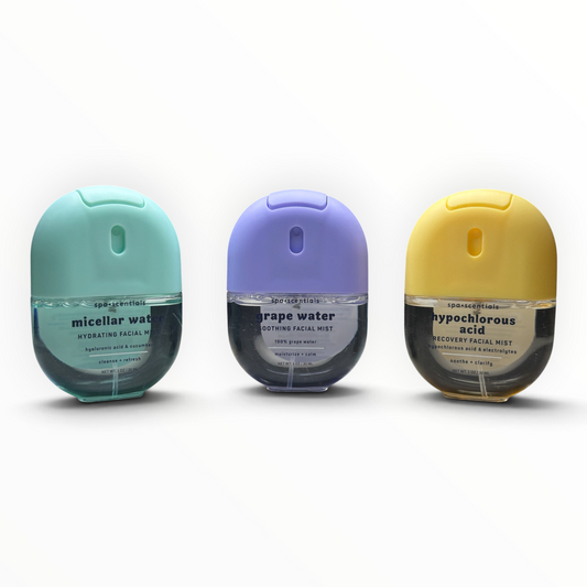 spa·scentials facial mist set with micellar water, grape water, and hypochlorous acid 1 oz sprays