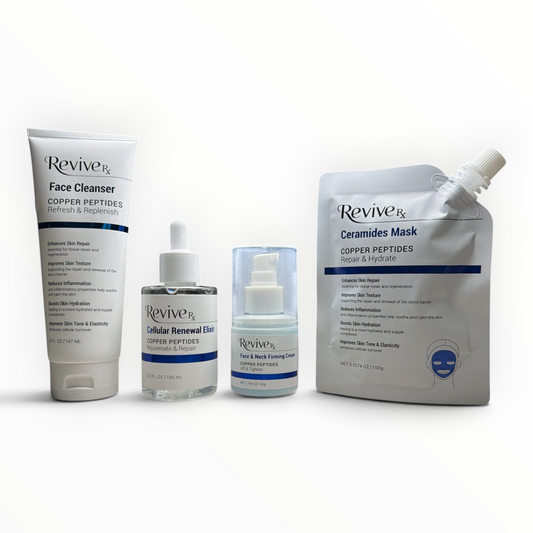 ReviveRx Copper Peptides 4-piece skincare set with cleanser, elixir, face and neck cream, and mask