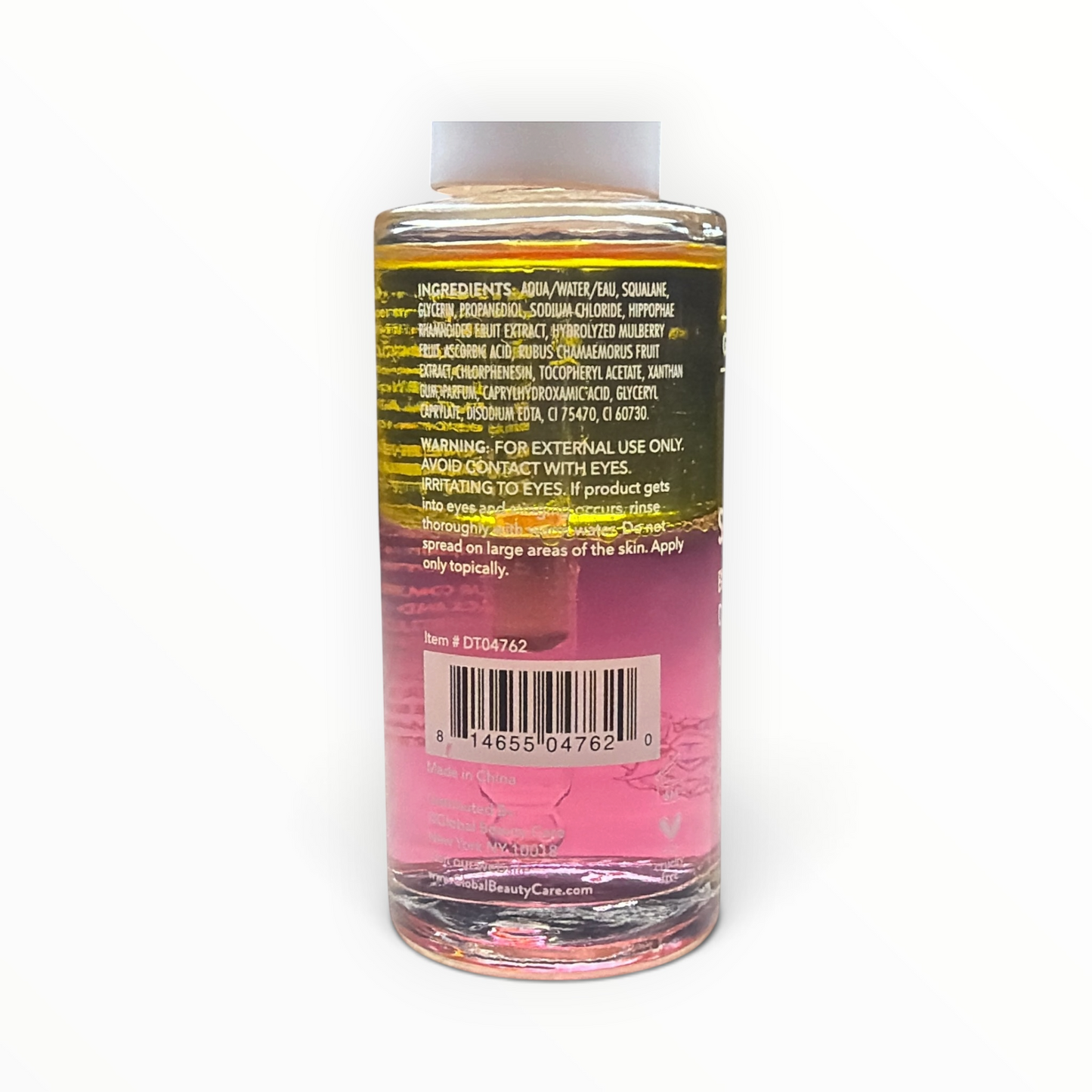 Parte posterior del suero bifásico MTP Commerce GlobalBeautyCare con lista de ingredientes y código de barras
