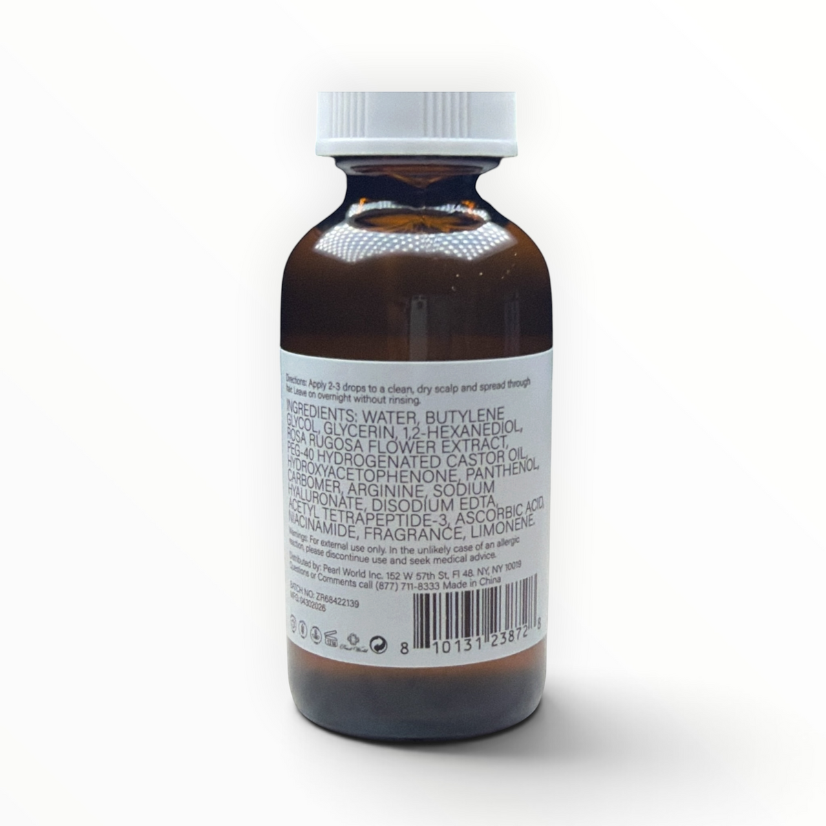 Frasco de vidrio ámbar de 30 ml con suero capilar MTP Commerce mostrando la lista de ingredientes y código de barras