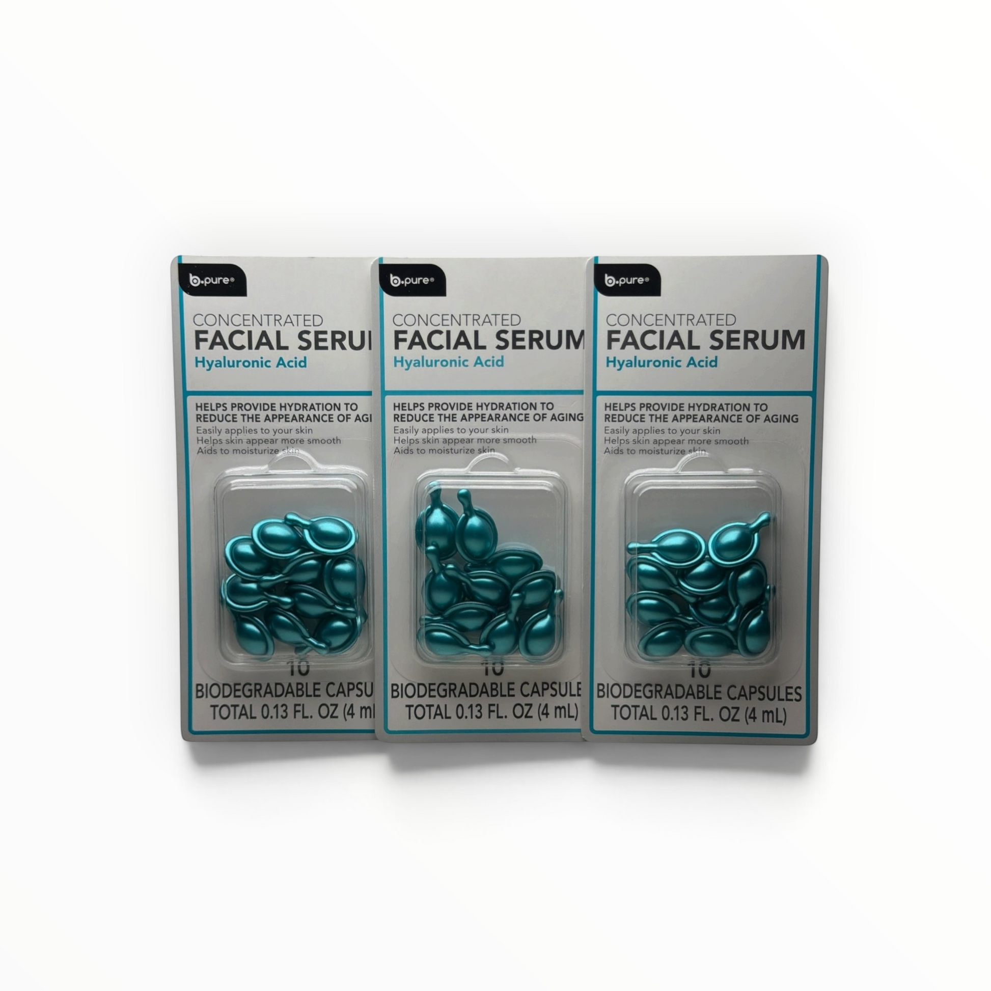 Three b.pure concentrated hyaluronic acid facial serum capsule packages, 30 capsules total