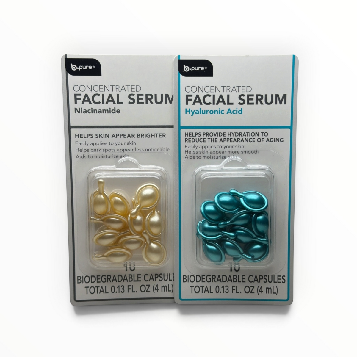 Set de sueros b.pure MTP Commerce con cápsulas biodegradables de niacinamida y ácido hialurónico para el rostro.